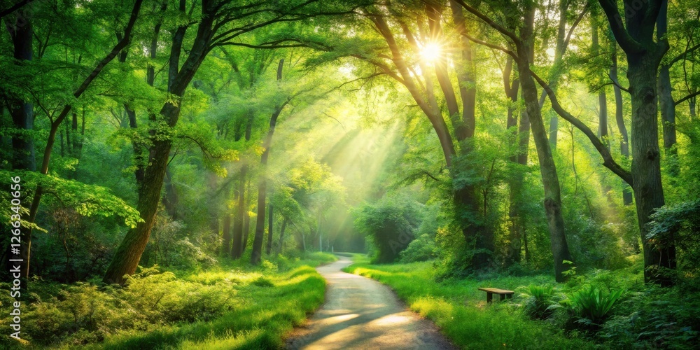Obraz premium Serene Forest Path Illuminated by Golden Sunbeams, a Tranquil Woodland Scene with a Rustic Bench