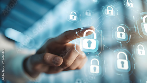Visualizing Cybersecurity: A Hand Interacting with Floating Lock Icons for Data Security in a Digital Protection Scenario - Stock Photo Concept with Empty Space
