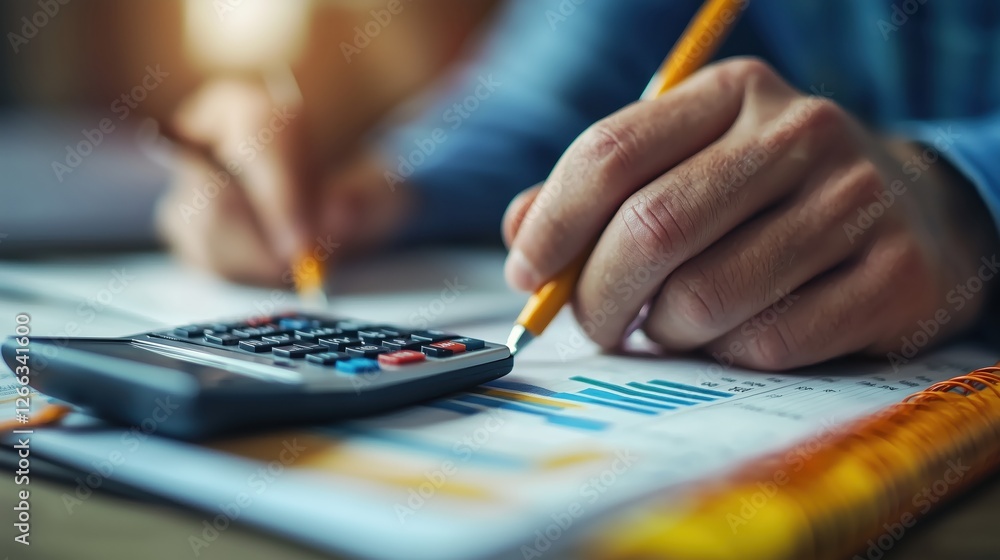 Hands Holding Pencil and Using Calculator on Financial Documents with Graphs and Numbers for Business Analysis and Budgeting in Office Setting Hands Holding Pencil and Using Calculator on Financial Documents with Graphs and Numbers for Business Analysis and Budgeting in Office Setting