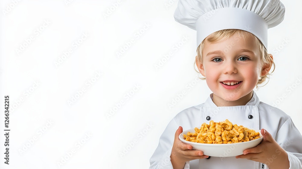 Child Chef Holding Bowl Of Pasta In Studio Setting Child Chef Holding Bowl Of Pasta In Studio Setting
