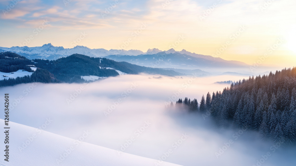 Fototapeta premium minimalist snowy landscape in Switzerland, covered in fog, showcases majestic mountains and serene forests. soft light creates tranquil atmosphere