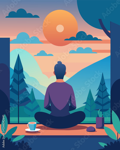 With a view of the sunrise through the treetops the digital nomad started their day with a hot cup of tea and a peaceful session of meditation before diving into work.. Vector illustration