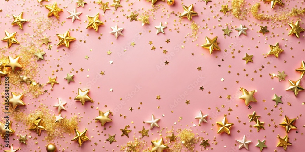 Pink background with gold and off-white stars and confetti forming a festive frame Pink background with gold and off-white stars and confetti forming a festive frame