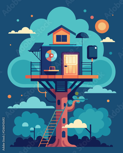 Working from a dreamy treehouse equipped with all the necessary technology and a serene atmosphere to get work done.. Vector illustration