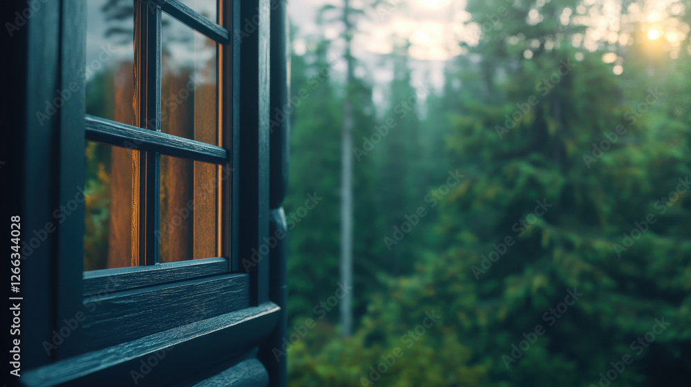 partially open mullioned window reveals serene forest view, inviting nature tranquility into space. soft light filters through, creating warm ambiance partially open mullioned window reveals serene forest view, inviting nature tranquility into space. soft light filters through, creating warm ambiance