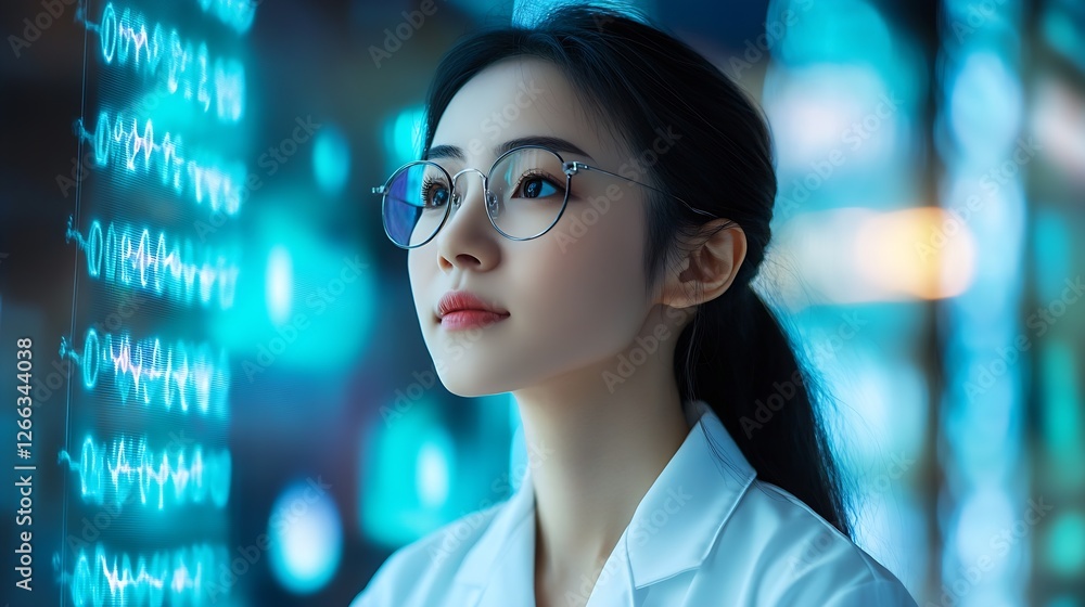 Young Asian scientist pondering future innovations in technology illuminated by holographic displays : Generative AI Young Asian scientist pondering future innovations in technology illuminated by holographic displays : Generative AI