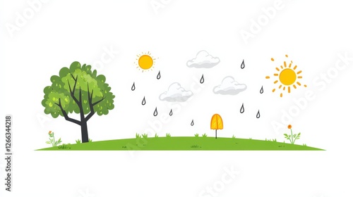 Illustration of changing weather with sun, clouds, rain, and a tree in a vibrant landscape