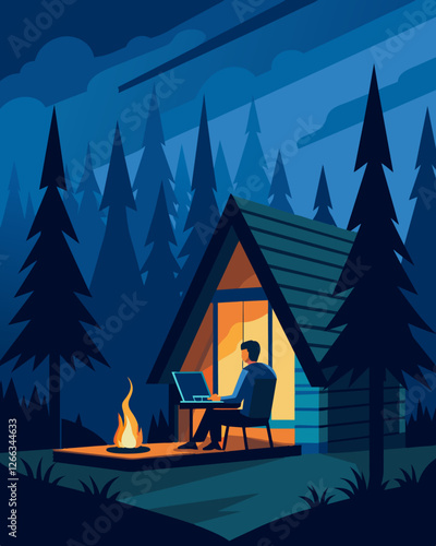 The warm glow of a fireplace casts flickering shadows across the walls of a quaint forest cabin where a freelancer types away on their keyboard wrapped in a soft blanket.. Vector illustration
