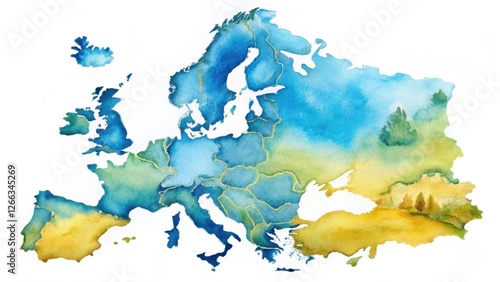 Artistic Watercolor Rendering of a Continent's Geographic Outline with Golden Borderlines and Lush Landscape Details