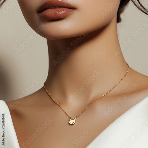 The gold name necklace with cat pendant and cable chain, written on it, against a white background, 