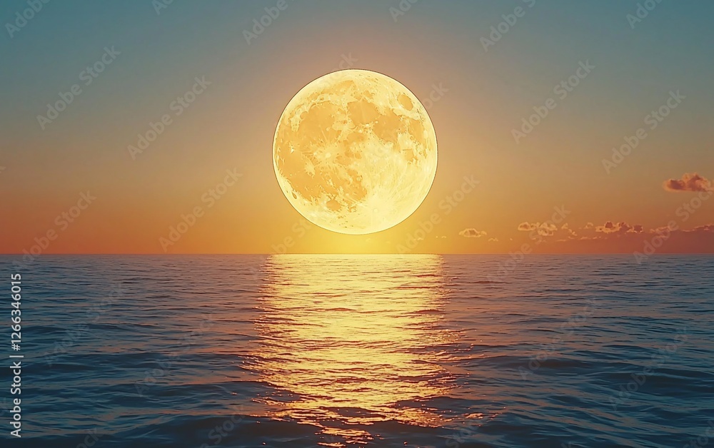 Full moon rising over calm ocean at sunset. Full moon rising over calm ocean at sunset.