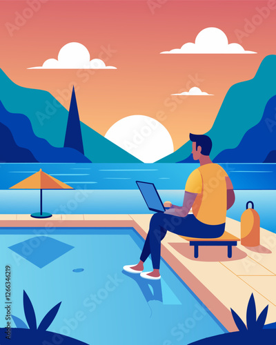 With a panoramic view of the ocean and distant mountains a digital nomad works poolside in their cliffside infinity pool inspired by their surroundings.. Vector illustration