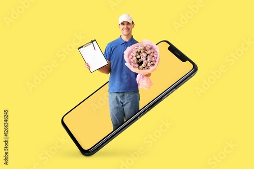 Male courier with bouquet o...