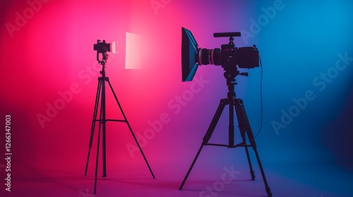 Modern photography studio setup showcasing professional cameras and lighting equipment in vibrant colored background : Generative AI