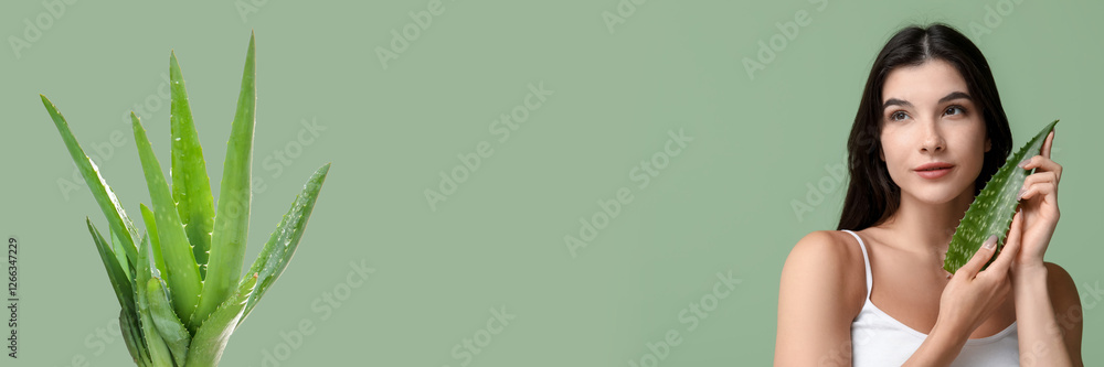 Beautiful young woman with aloe vera on green background Beautiful young woman with aloe vera on green background