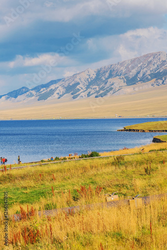The beautiful scenery of Sayram Lake, coastal mountains, and grasslands in Xinjiang, China on September 4, 2024