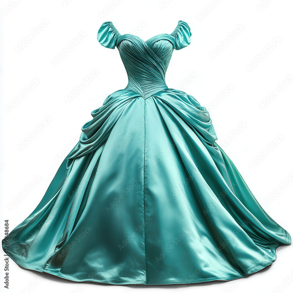 Opulent Teal Gown: A stunning, meticulously crafted teal ball gown, radiating elegance, with its intricate draping and voluminous skirt, showcased in a studio setting. Opulent Teal Gown: A stunning, meticulously crafted teal ball gown, radiating elegance, with its intricate draping and voluminous skirt, showcased in a studio setting.