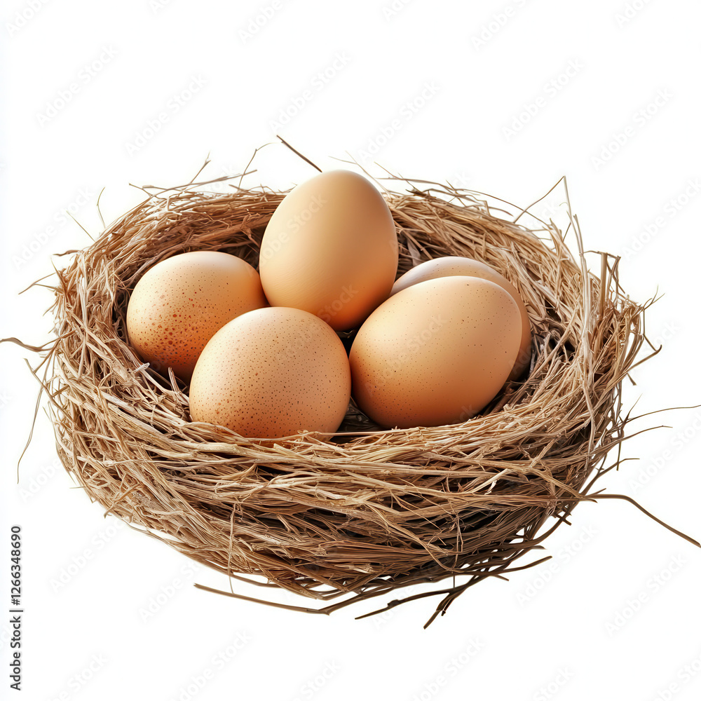 Nesting Eggs: A close-up shot showcasing a nest with five fresh, brown eggs nestled within, symbolizing new beginnings and the promise of life. Nesting Eggs: A close-up shot showcasing a nest with five fresh, brown eggs nestled within, symbolizing new beginnings and the promise of life.