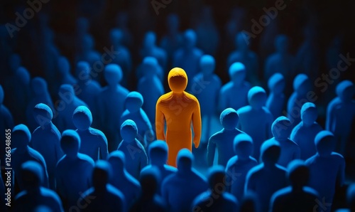 A person made of yellow clay stands out among blue people, standing in the center of an orange crowd, symbolizing a unique personality and characteristics that make one stand out from others.