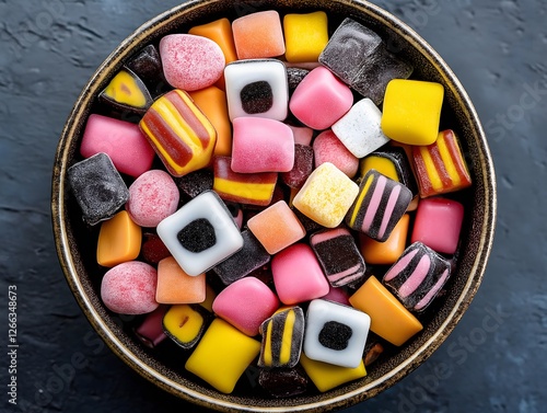 Bowl full of colorful liquorice candy against a dark textured backdrop photo