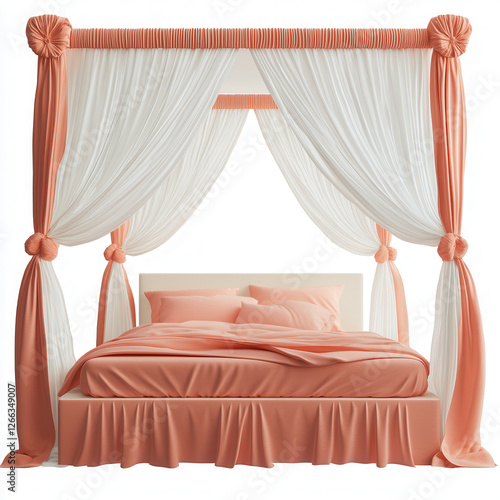 Ethereal Canopy Bed: A luxurious canopy bed, draped in soft peach and cream fabrics, creates a tranquil and elegant atmosphere, perfect for relaxation.