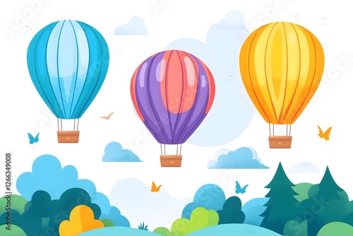 Colorful hot air balloons over landscape, children's illustration