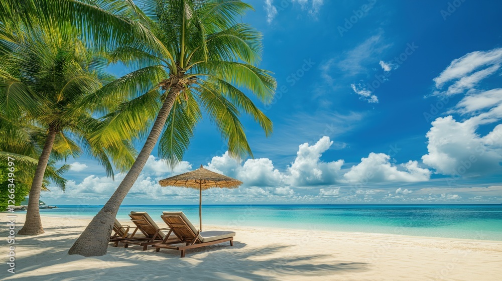 Obraz premium beautiful tropical beach with white sand and palm trees. The sky is blue with a few clouds scattered across it. The water is a beautiful turquoise color
