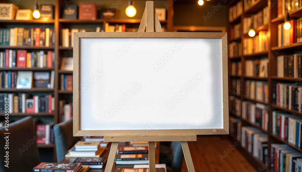 Wooden easel with blank canvas in a cozy bookstore, surrounded by shelves filled with books and warm lighting Wooden easel with blank canvas in a cozy bookstore, surrounded by shelves filled with books and warm lighting