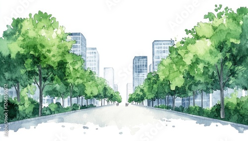 Watercolor urban avenue with trees and buildings
