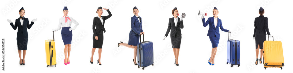 Set of beautiful stewardesses on white background Set of beautiful stewardesses on white background