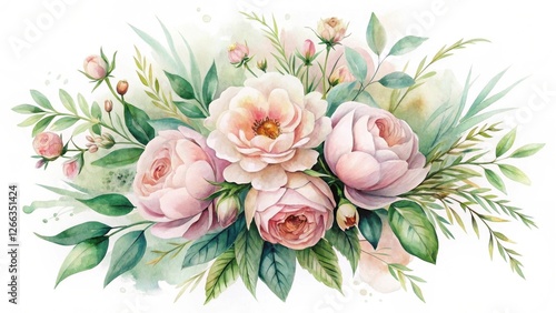 A Delicate Watercolor Painting of a Romantic Rose Bouquet with Lush Greenery