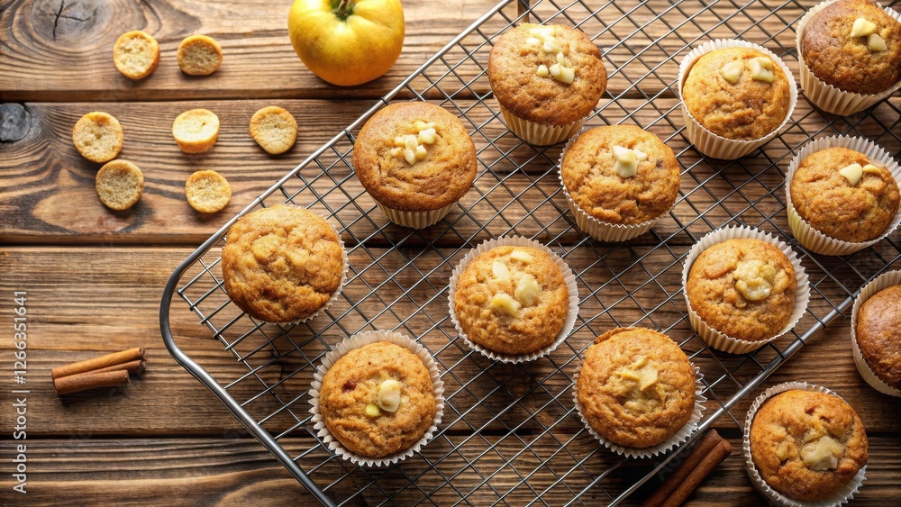 Golden-brown muffins cooling on wire rack, accompanied by cinnamon sticks and crunchy crackers on rustic wooden surface Golden-brown muffins cooling on wire rack, accompanied by cinnamon sticks and crunchy crackers on rustic wooden surface