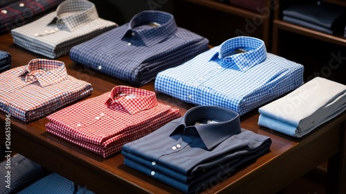 Wallpaper Mural Stylish Men's Shirts Displayed on Wooden Table Torontodigital.ca