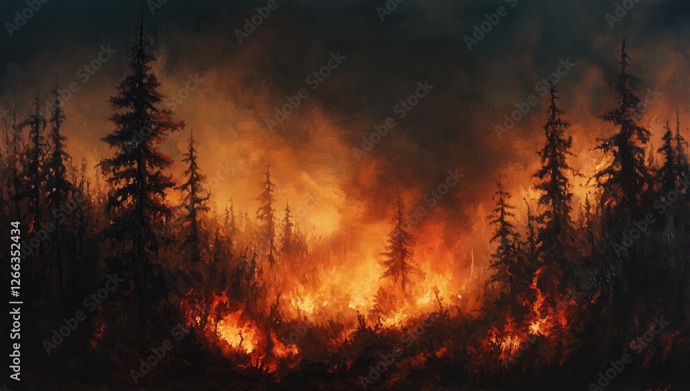 Fototapeta premium Forest fire at night, flames engulfing trees, dramatic sky