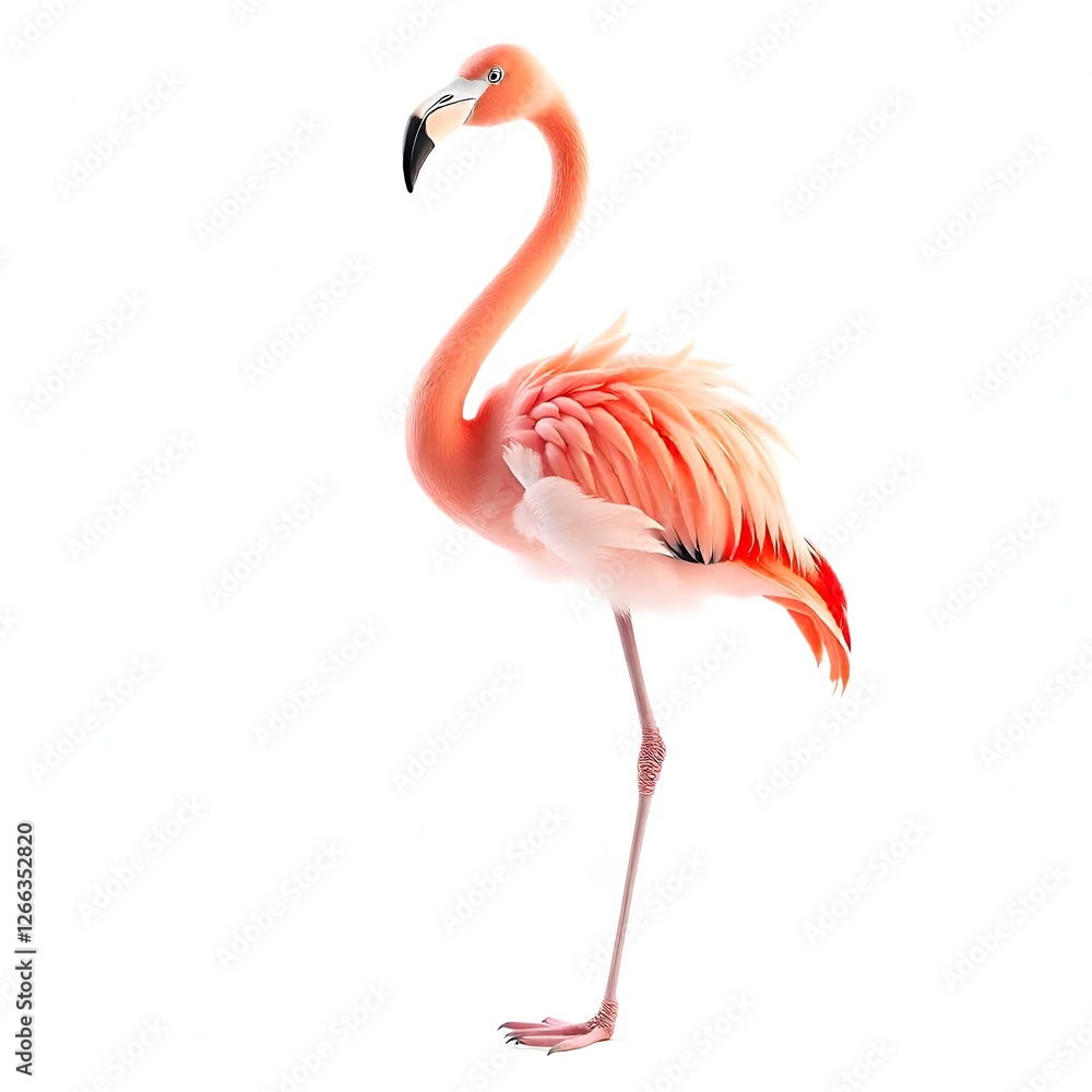 Fototapeta premium Elegant Pink Flamingo Bird Standing on One Leg Isolated on White Background