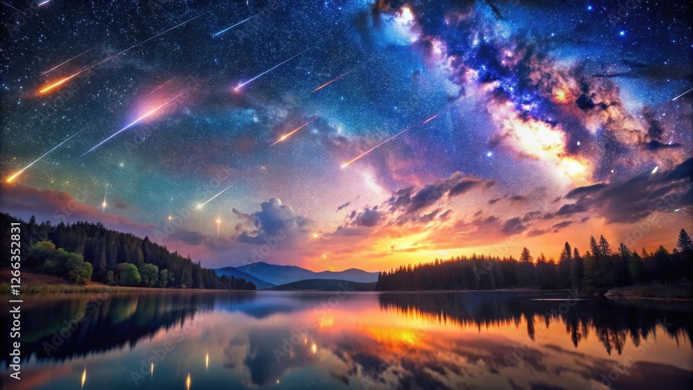 Serene Lake Reflecting a Night Sky Filled with Shooting Stars and a Vibrant Galaxy Serene Lake Reflecting a Night Sky Filled with Shooting Stars and a Vibrant Galaxy