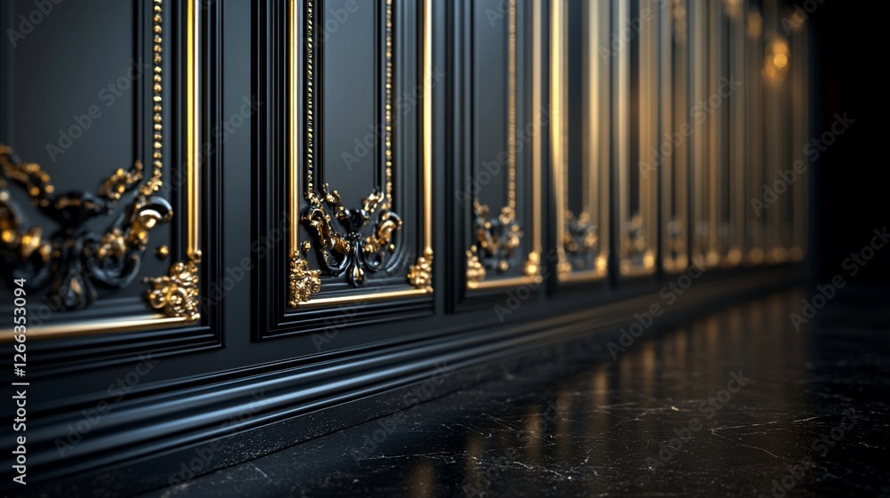 Obraz premium Elegant black and gold ornate wall design with intricate details and polished flooring
