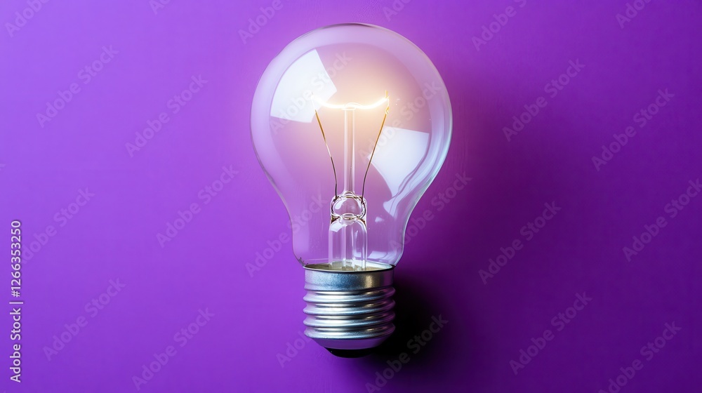 Glowing lightbulb on purple background, clear glass and silver base. Perfect for ideas, innovation, solutions, and bright concepts. Glowing lightbulb on purple background, clear glass and silver base. Perfect for ideas, innovation, solutions, and bright concepts.