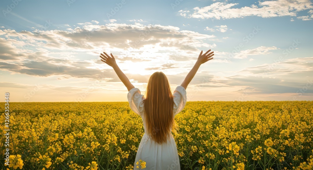 Fototapeta premium A young woman jumps carefree in a sunlit yellow and green meadow, arms outstretched to the blue summer sky 3