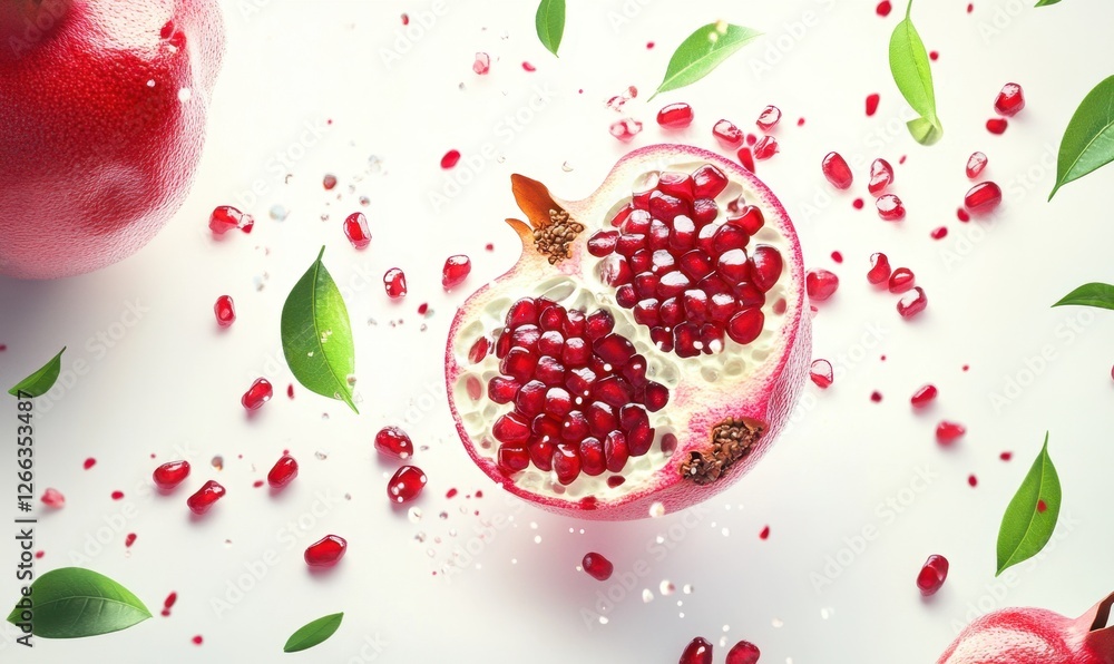 Freshly cut pomegranate with scattered seeds and green leaves on a bright surface Freshly cut pomegranate with scattered seeds and green leaves on a bright surface