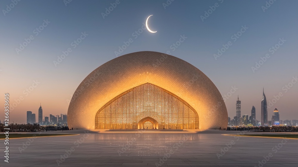 Obraz premium Illuminated Mosque Dome Crescent Moon City Skyline Night