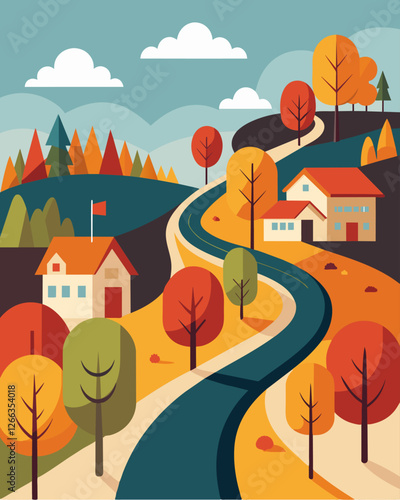 Winding roads lined with colorful trees making the village feel like a cozy fall wonderland.. Vector illustration