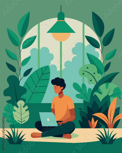 With sunlight filtering in through the canopy above a freelancer finds inspiration and creativity in the serenity of a calm botanical sanctuary.. Vector illustration