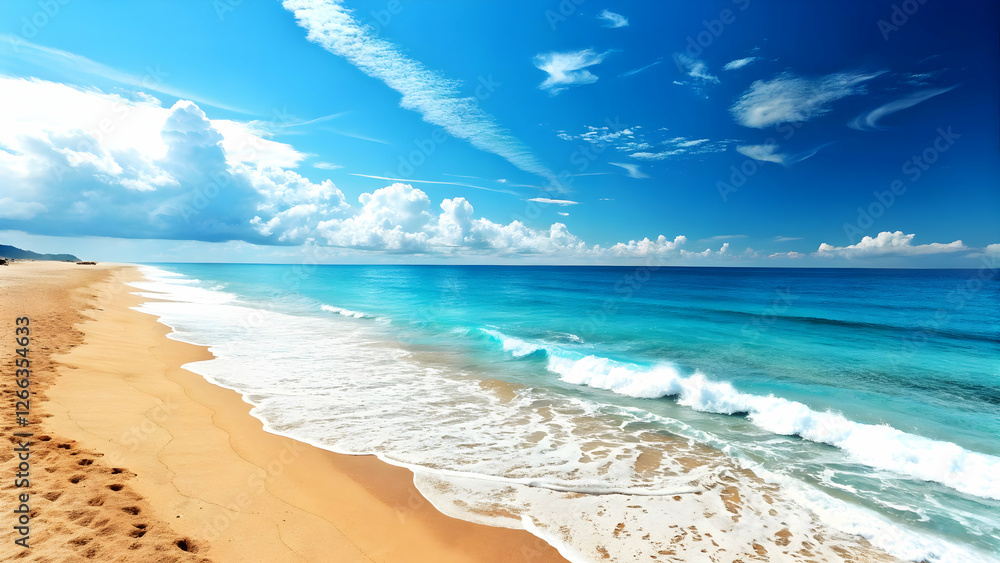 Obraz premium Clear Blue Sky Over Vibrant Beach: Perfect Stock Photo Concept