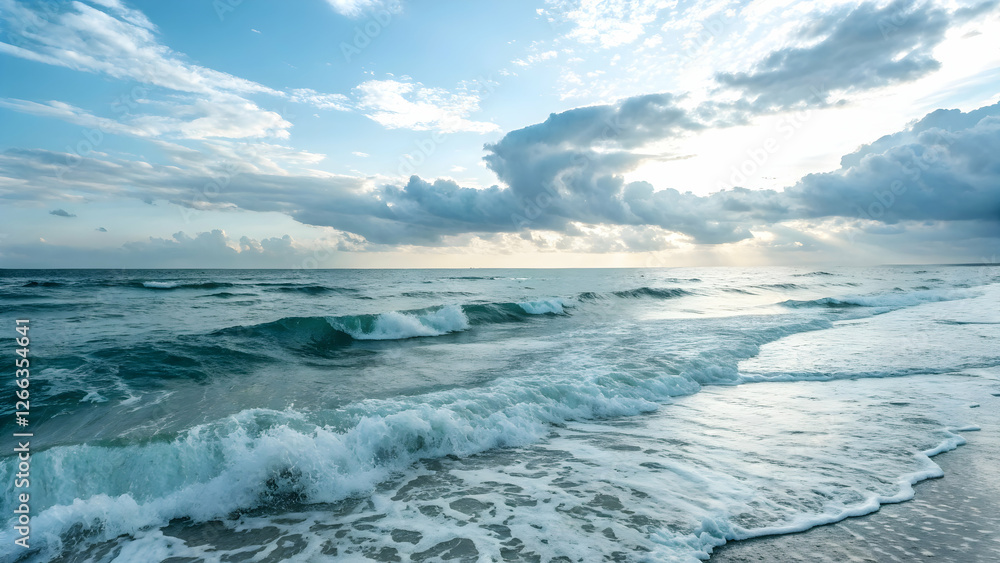 seascape and horizon and tide concept as Ocean horizon with tide coming in; symbolizes change opportunity; ample copy space for text. in Photo Stock Concept and empty space on the left side seascape and horizon and tide concept as Ocean horizon with tide coming in; symbolizes change opportunity; ample copy space for text. in Photo Stock Concept and empty space on the left side