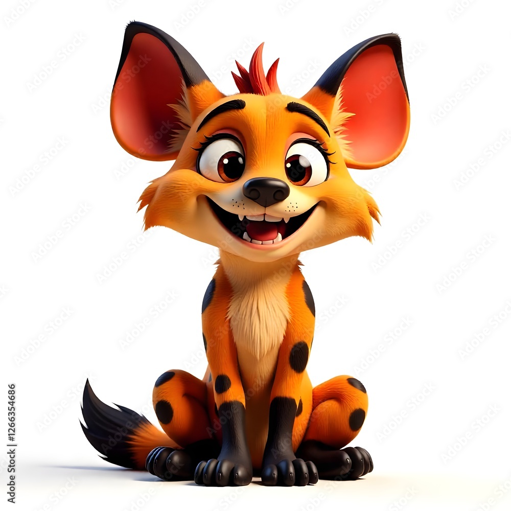 Adorable Cartoon Hyena Cub Sitting 3D Render Happy Expression Orange Fur Black Spots Adorable Cartoon Hyena Cub Sitting 3D Render Happy Expression Orange Fur Black Spots