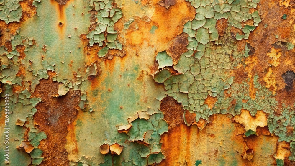 Rustic Weathered Metal Surface with Flaking Paint and Rust Showing Underlying Texture Rustic Weathered Metal Surface with Flaking Paint and Rust Showing Underlying Texture