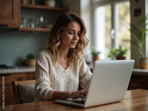 Free Download Young businesswoman manage business from home on remote, freelancer using laptop sit kitchen table on self-quarantine, work over personal growth, apply for online courses to learn new skills. - GFXLoad
