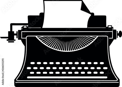 Vintage Typewriter Silhouette with Keys and Paper Vector Illustration