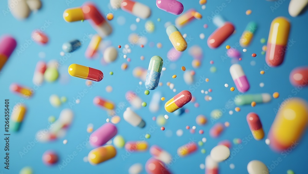 Colorful pills floating in the air against a light blue background Colorful pills floating in the air against a light blue background